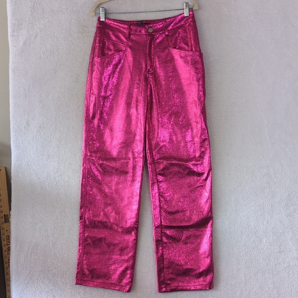 Forever‎ 21 Womens Hot Pink Metallic Sparkly Barbiecore Relaxed Fit Pants Size M - Picture 1 of 9